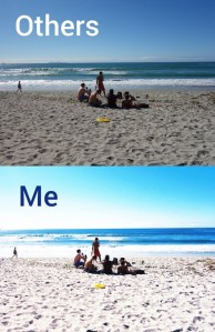 Two views of people on a beach. One very over exposed to demonstrate effect of aniridia